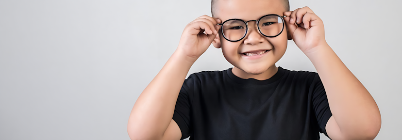 A boy laughing with his glasses